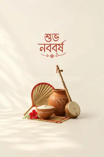 Elegant minimal Bengali New Year card with শুভ নববর্ষ in gold on soft ivory background.