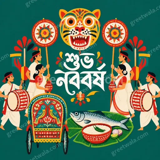 Modern flat vector Bengali New Year card with joyful festive motifs around elegant শুভ নববর্ষ lettering in warm colors.