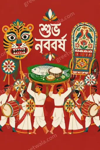 Modern flat vector Bengali New Year card displaying শুভ নববর্ষ with festive alpona motifs in joyful red, white, gold tones.