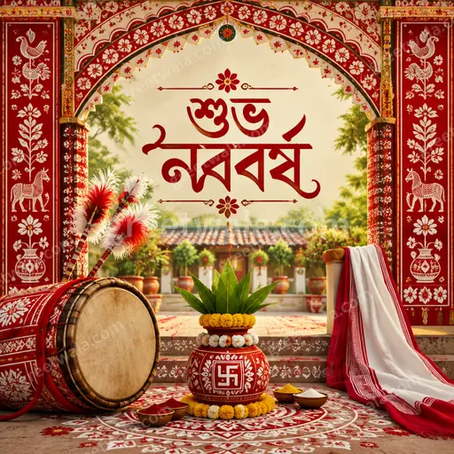 Ornate traditional Bengali New Year card with শুভ নববর্ষ in festive gold, radiating joyful auspicious celebration and timeless elegance.