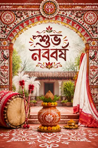 Ornate traditional Bengali New Year card with festive motifs radiating joyful warmth and cultural elegance around শুভ নববর্ষ.