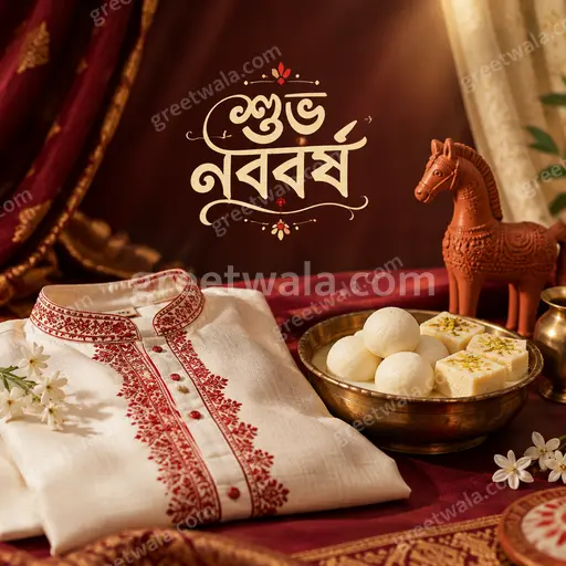 Premium Bengali New Year card featuring শুভ নববর্ষ in elegant gold calligraphy amid festive lights and joyful celebration.