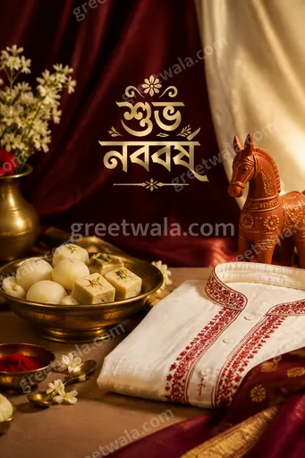 Premium Bengali New Year card featuring শুভ নববর্ষ calligraphy with golden festive motifs, elegant joyful celebratory mood.