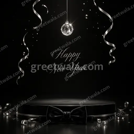 Elegant minimal New Year card with Happy New Year text in gold on deep midnight blue with subtle stars.