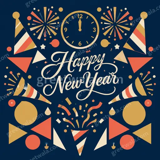 Modern flat vector New Year card with festive fireworks and joyful celebratory mood featuring Happy New Year text.