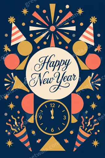 Modern flat vector New Year card with festive fireworks and joyful Happy New Year typography in elegant gold tones.