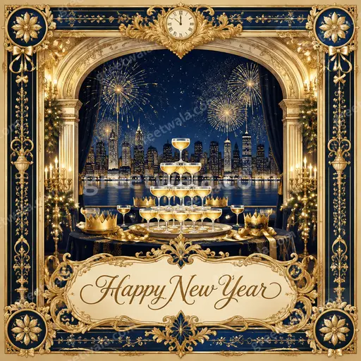 Ornate traditional card displaying 'Happy New Year' with golden flourishes, radiating warm festive elegance and timeless joy.
