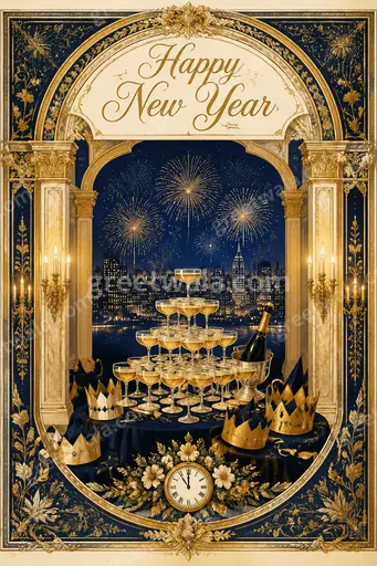 Ornate traditional card with golden flourishes, festive lights, and elegant Happy New Year lettering in joyful celebration.
