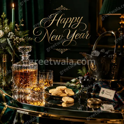 Elegant midnight-blue card with golden fireworks and glowing Happy New Year lettering radiating festive luxurious celebration.