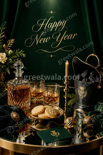 Elegant midnight-blue card with golden fireworks and shimmering Happy New Year lettering in festive luxurious style.