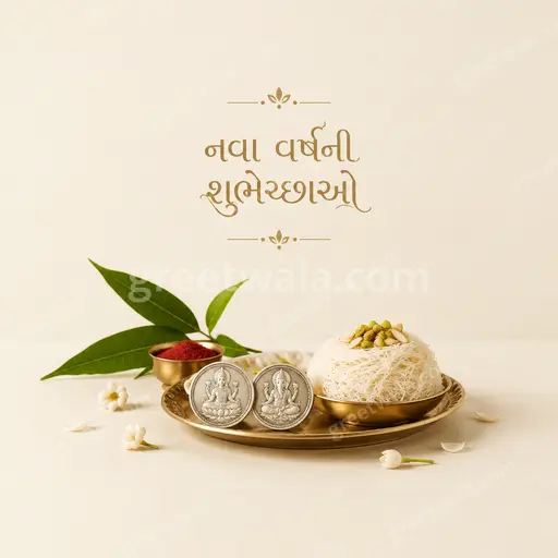 Elegant minimal New Year card displaying 'નવા વર્ષની શુભેચ્છાઓ' with soft gold accents, calm festive warmth and refined simplicity.