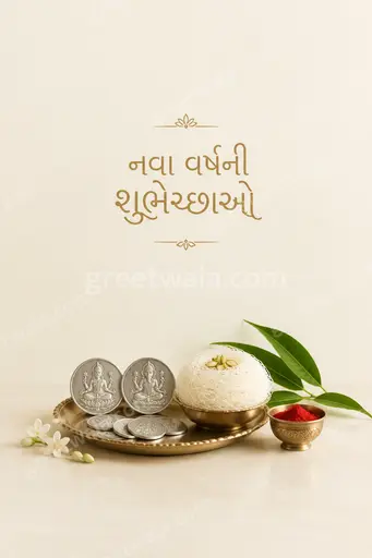 Elegant minimal cream and gold New Year card featuring Gujarati greeting with serene festive joyful peaceful evergreen charm.