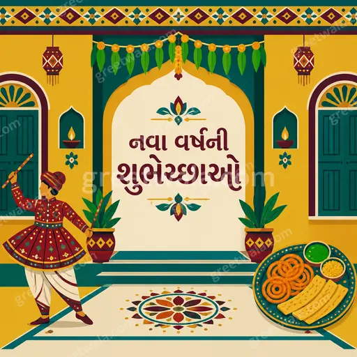 Modern flat vector New Year card glowing warmly, featuring નવા વર્ષની શુભેચ્છાઓ with festive diyas and elegant Gujarati patterns.
