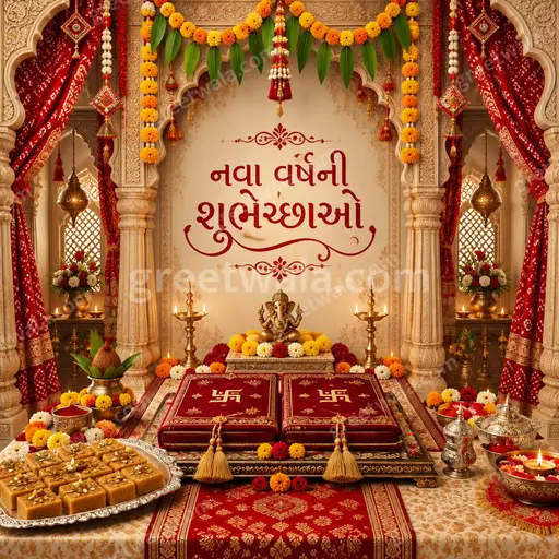 Ornate traditional Gujarati New Year card displaying 'નવા વર્ષની શુભેચ્છાઓ' with festive golden motifs and warm celebratory elegance.
