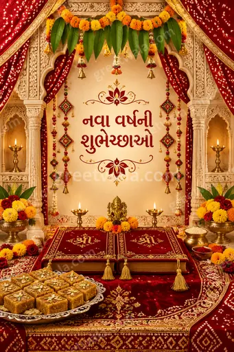 Ornate traditional New Year card displaying 'નવા વર્ષની શુભેચ્છાઓ' with golden paisleys, diyas, and warm festive elegance.