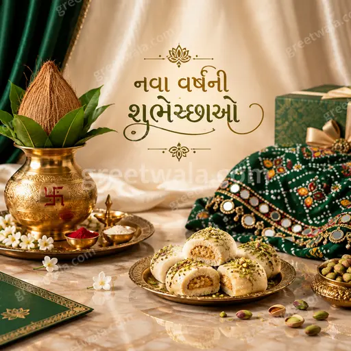 Elegant festive Gujarati New Year card glowing with golden diyas, marigolds, and joyful auspicious premium celebration charm.