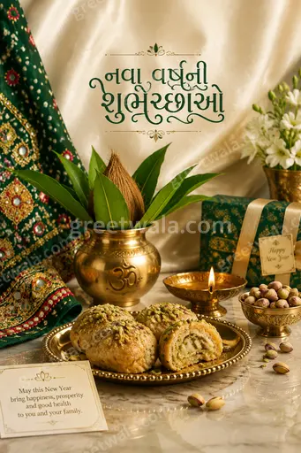 Luxurious festive New Year card glowing with golden diyas, rich marigolds, and joyful elegant celebratory warmth.
