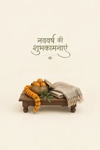 Elegant minimal Hindi New Year card displaying नववर्ष की शुभकामनाएं in gold on calm cream with soft sparkle.