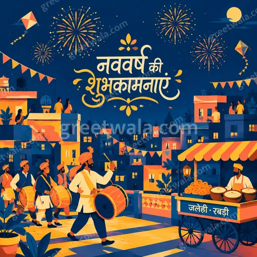 Modern flat vector New Year card displaying 'नववर्ष की शुभकामनाएं' with golden fireworks, diyas, joyful elegant festive warmth.