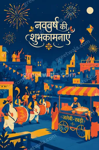 Cheerful flat vector card with festive fireworks, golden marigolds, and bold Hindi greeting glowing on deep midnight blue.