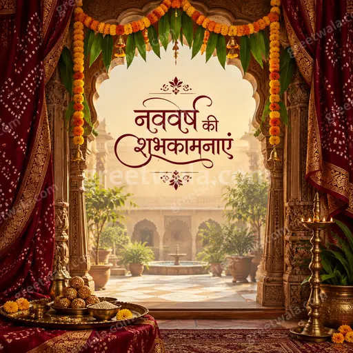 Ornate traditional Hindi New Year card displaying नववर्ष की शुभकामनाएं amid golden florals, radiating warm festive joy and elegance.