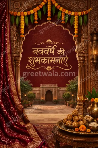 Ornate traditional Hindi New Year card featuring नववर्ष की शुभकामनाएं with golden diyas, marigolds and festive elegant warmth.
