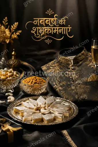 Premium Hindi New Year card displaying नववर्ष की शुभकामनाएं with golden festive elegance and joyful celebratory warmth.