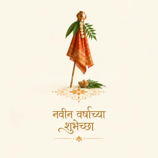 Elegant minimal New Year card glowing in soft gold displaying 'नवीन वर्षाच्या शुभेच्छा' with serene festive calm.