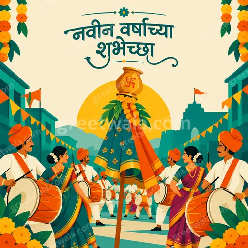 Modern flat vector New Year card displaying 'नवीन वर्षाच्या शुभेच्छा' with golden fireworks, confetti and joyful festive mood.