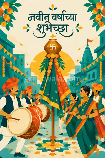 Flat vector New Year card in festive gold and red with Marathi greeting नवीन वर्षाच्या शुभेच्छा and elegant celebratory motifs.