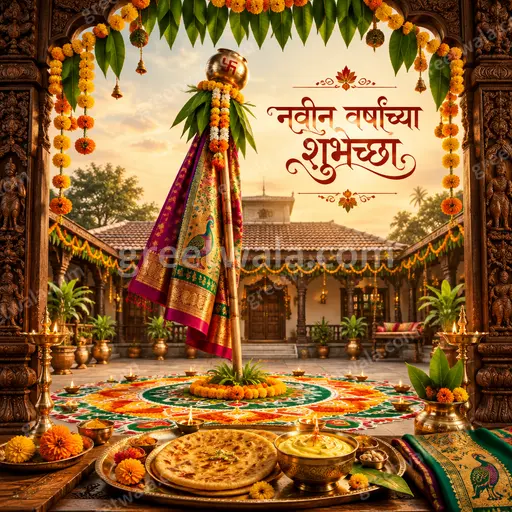 Ornate traditional Marathi New Year card with golden motifs, warm festive glow, displaying नवीन वर्षाच्या शुभेच्छा elegantly.