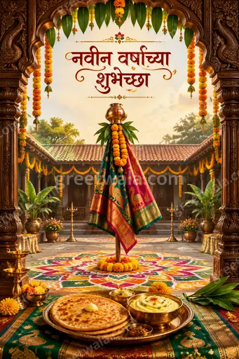 Ornate traditional Marathi New Year card with golden motifs, warm festive glow, displaying नवीन वर्षाच्या शुभेच्छा elegantly.