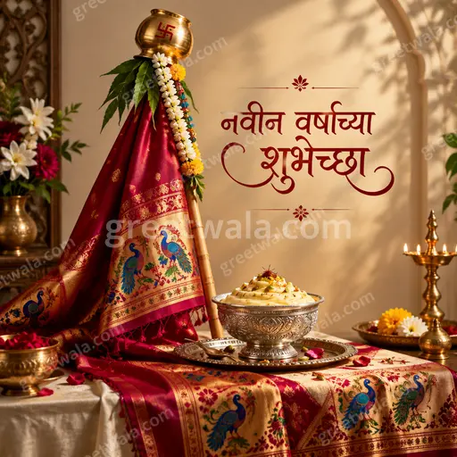 Luxurious golden fireworks illuminate deep navy sky with elegant Marathi calligraphy radiating festive warmth and joyful celebration.