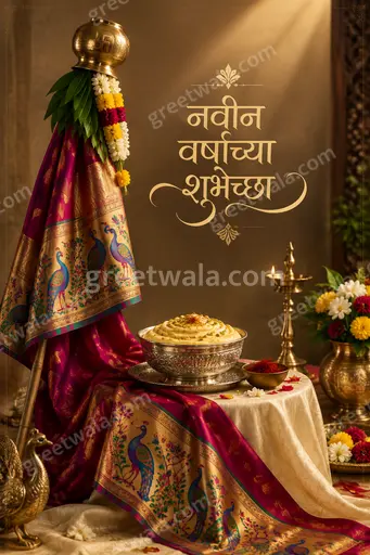 Elegant premium New Year card with golden festive glow, marigold accents, radiating joy, prosperity, and warm Marathi celebration spirit.