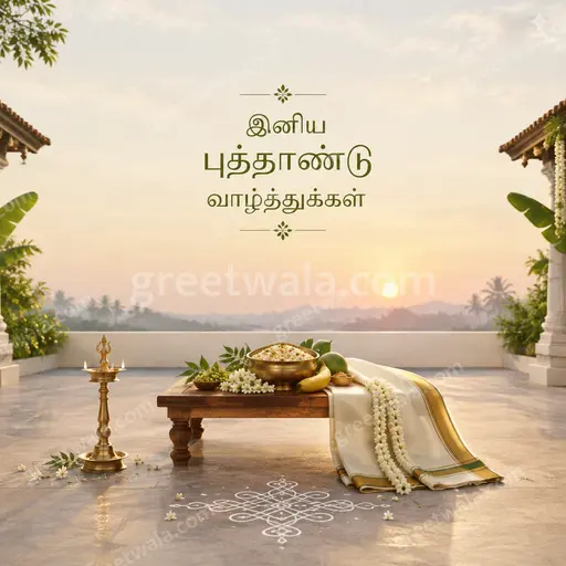 Elegant minimal Tamil New Year card displaying 'இனிய புத்தாண்டு வாழ்த்துக்கள்' with soft gold glow and serene festive charm.