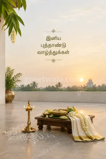 Elegant minimal Tamil New Year card with golden accents, soft festive glow, conveying warm joy and peaceful celebration.
