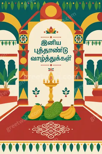 Modern flat vector New Year card glowing with festive lights, fireworks and joyful Tamil greeting in elegant style.