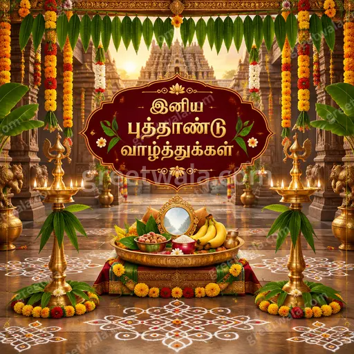 Ornate traditional Tamil New Year card displaying 'இனிய புத்தாண்டு வாழ்த்துக்கள்' with golden motifs, diyas, flowers and joyful auspicious warmth.