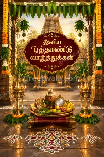 Ornate traditional card displaying 'இனிய புத்தாண்டு வாழ்த்துக்கள்' with golden paisleys, lamps, and festive auspicious joy.