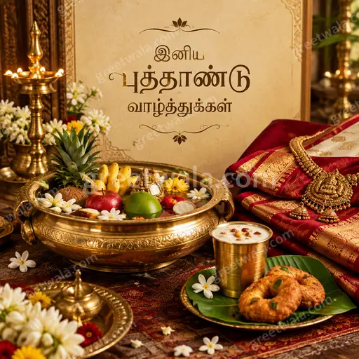 Featuring இனிய புத்தாண்டு வாழ்த்துக்கள் in elegant golden festive premium style with joyful radiant celebration mood.