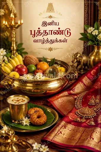Elegant festive Tamil New Year card glowing with golden lights, traditional lamps, and joyful celebratory warmth.