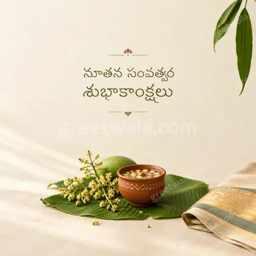 Elegant minimal Telugu New Year card with serene golden glow, delicate florals, displaying నూతన సంవత్సర శుభాకాంక్షలు in graceful lettering.