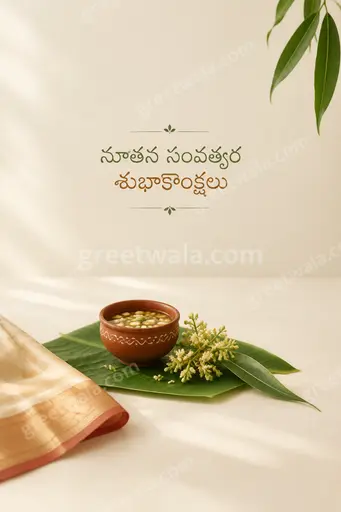 Elegant minimal New Year card in soft gold and ivory with delicate florals framing Telugu greeting text beautifully.