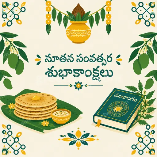 Modern flat vector New Year card in festive gold and teal showing Telugu greeting with fireworks and elegant decorations.