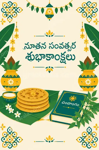 Modern flat vector New Year card with Telugu greeting in festive gold navy radiating joyful elegant celebratory mood.