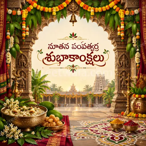 Ornate traditional Telugu New Year card with golden festive motifs, warm joyful mood, displaying greeting నూతన సంవత్సర శుభాకాంక్షలు elegantly.