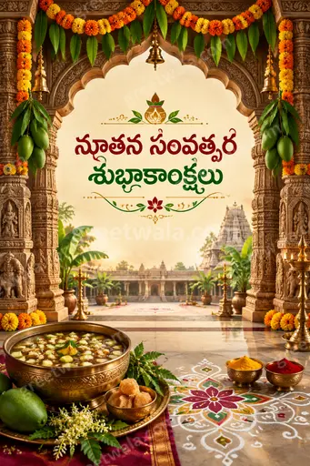 Ornate traditional Telugu New Year card with golden motifs, festive glow, displaying 'నూతన సంవత్సర శుభాకాంక్షలు' warmly.
