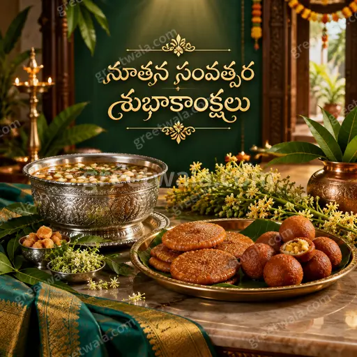 Elegant premium New Year card glowing with festive gold lights displaying నూతన సంవత్సర శుభాకాంక్షలు in ornate Telugu script.
