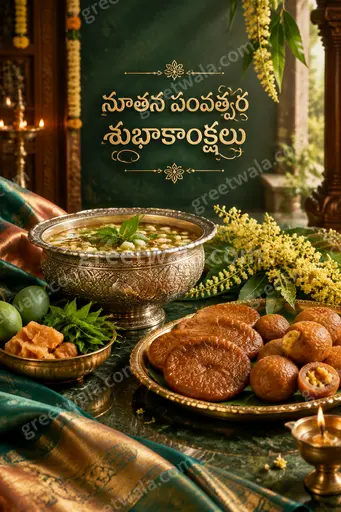 Premium Telugu New Year card glowing with golden fireworks, festive lights, and elegant నూతన సంవత్సర శుభాకాంక్షలు lettering in midnight celebration.