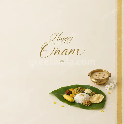 Elegant minimal Happy Onam card with serene festive warmth, soft golden tones and graceful traditional accents in refined style.